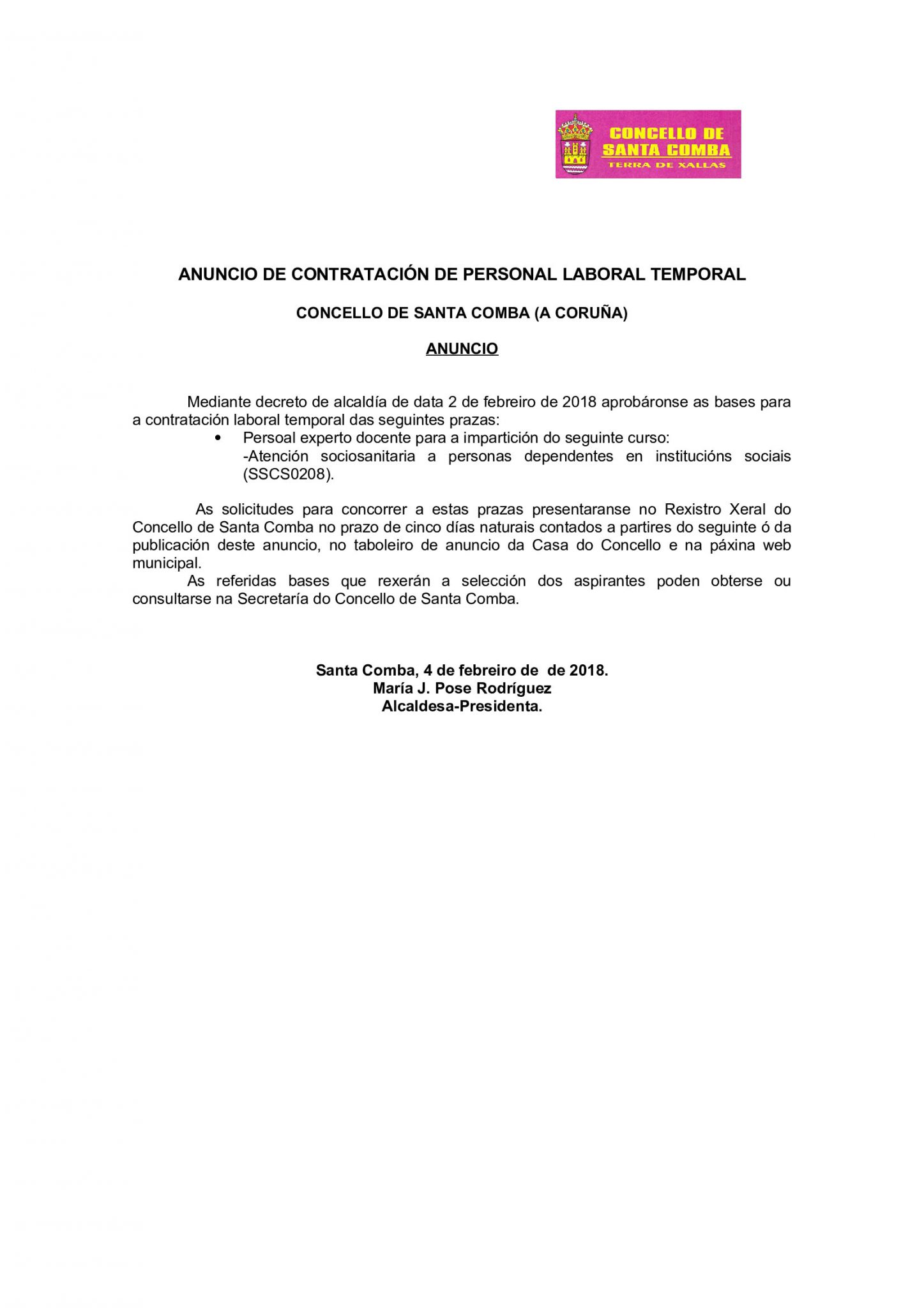 ANUNCIO DE CONTRATACIÓN DE PERSONAL LABORAL TEMPORAL – CONCELLO DE SANTA COMBA (A CORUÑA)
